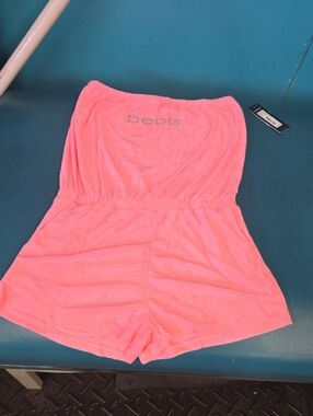 BEBE  Pink Cotton Candy Strapless Terry Romper with Pockets New With Tags Large